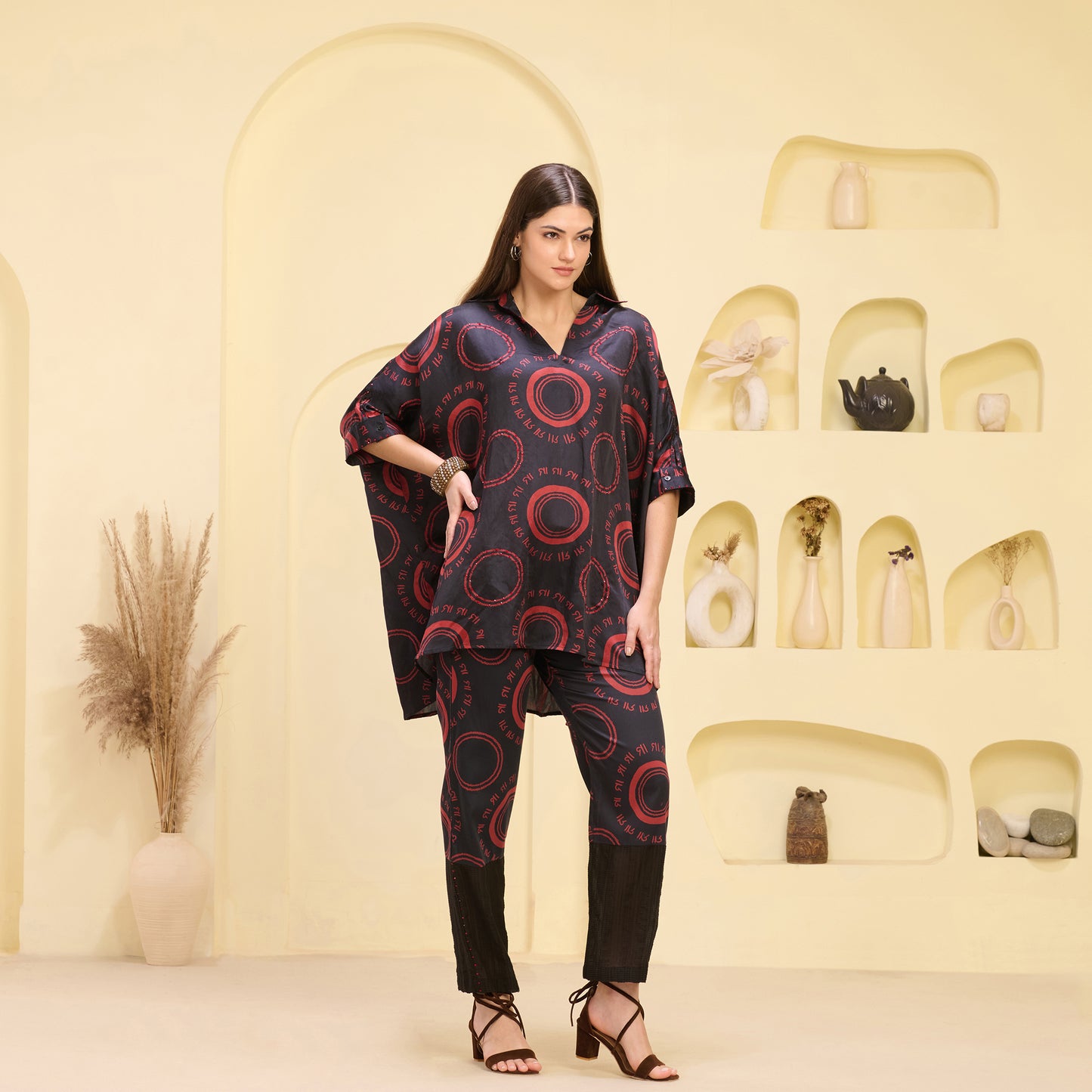 Black and Red Maa Print Embellished Kaftan Top and Straight Trouser Set