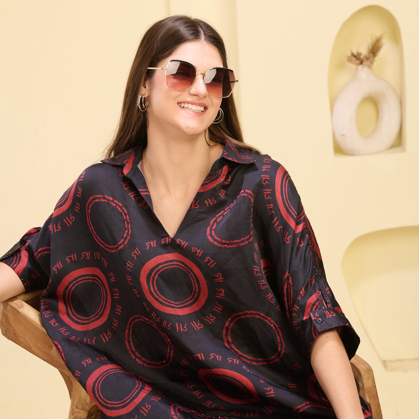 Black and Red Maa Print Embellished Kaftan Top and Straight Trouser Set