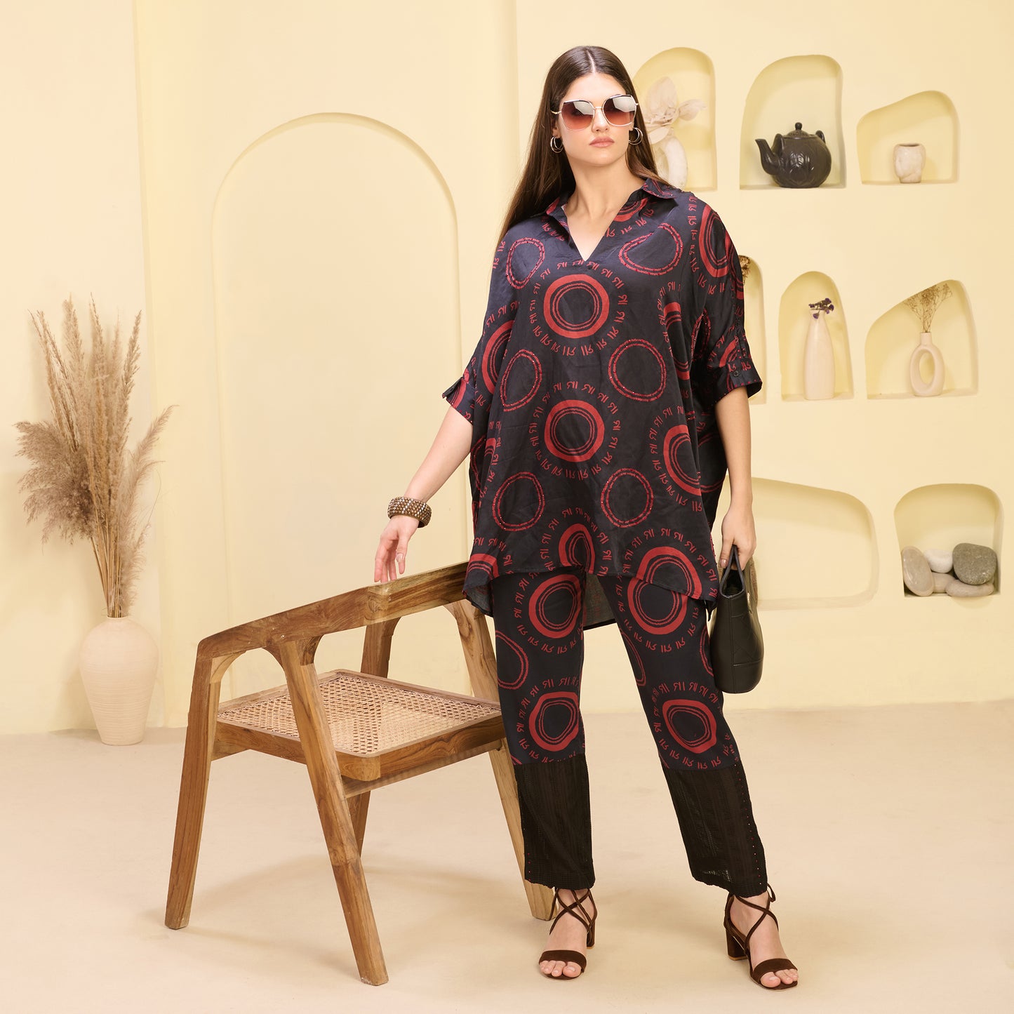 Black and Red Maa Print Embellished Kaftan Top and Straight Trouser Set