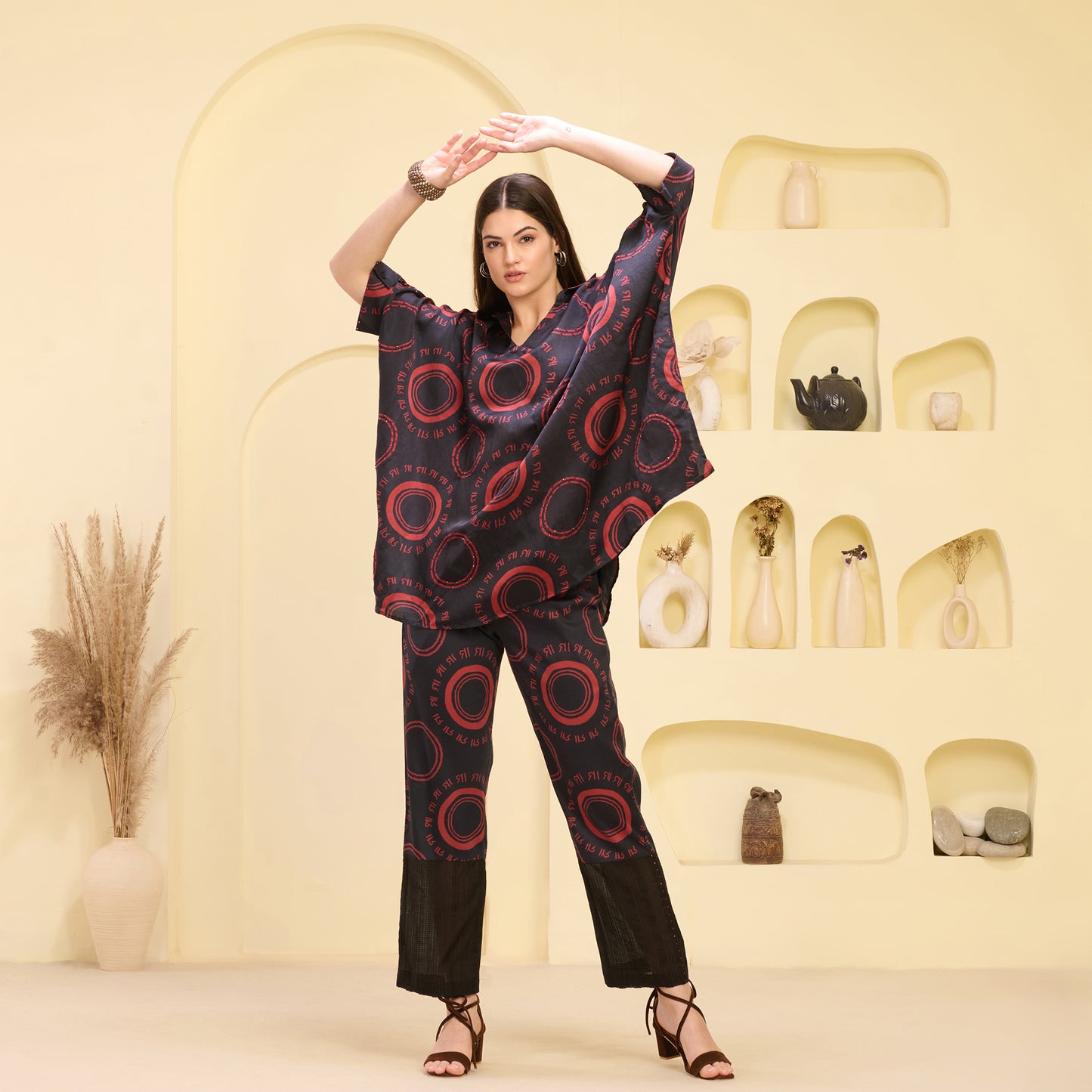 Black and Red Maa Print Embellished Kaftan Top and Straight Trouser Set