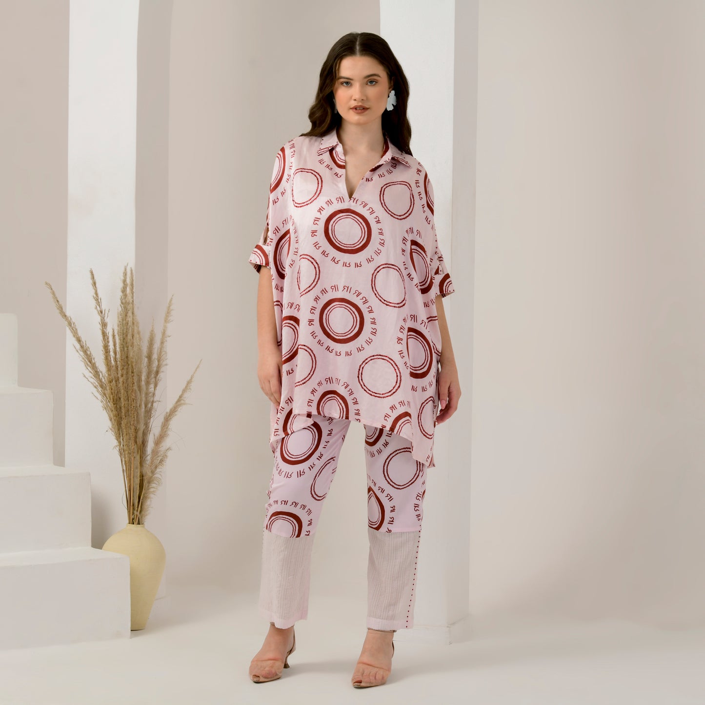 Pink and Red Maa Print Embellished Kaftan Top and Straight Trouser Set