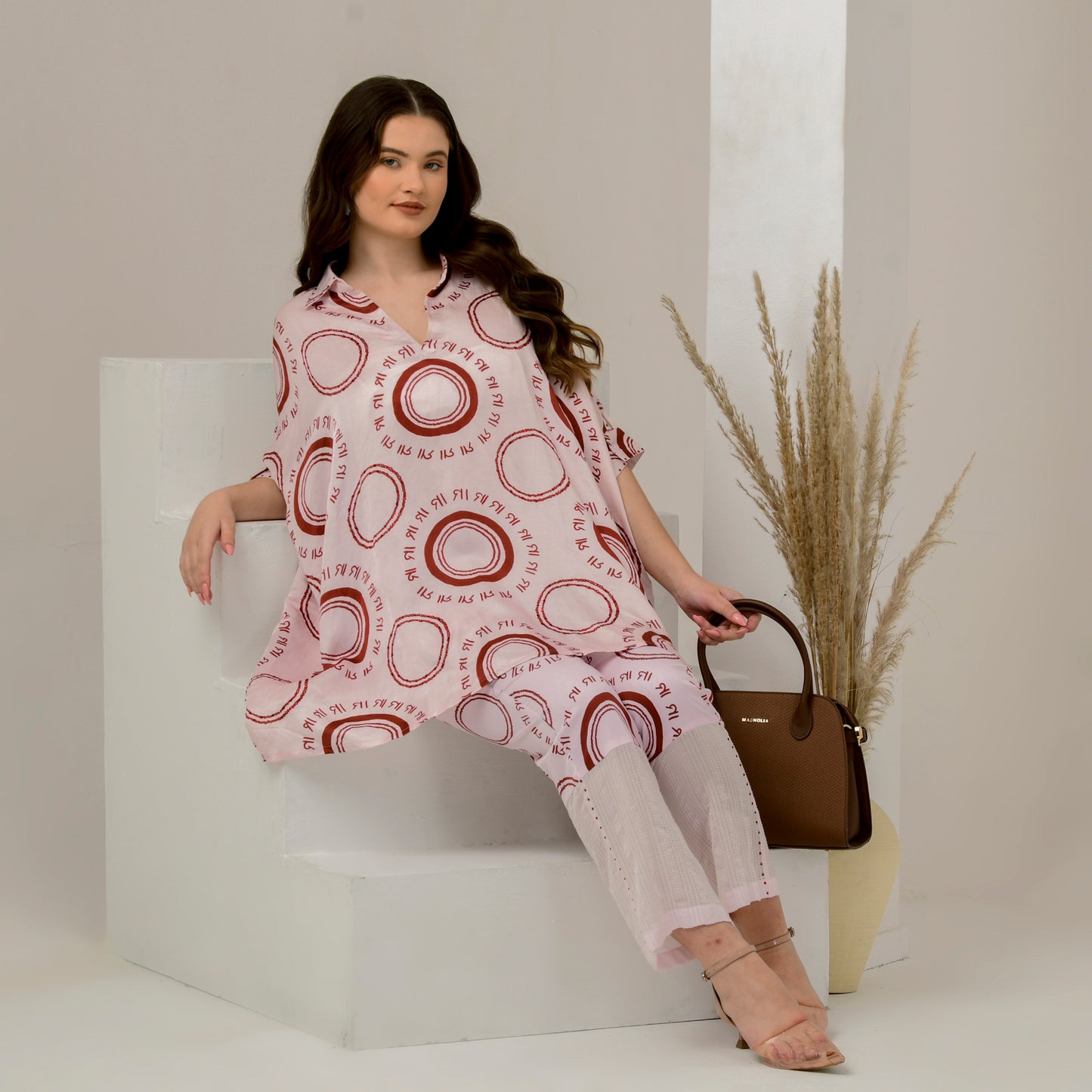 Pink and Red Maa Print Embellished Kaftan Top and Straight Trouser Set