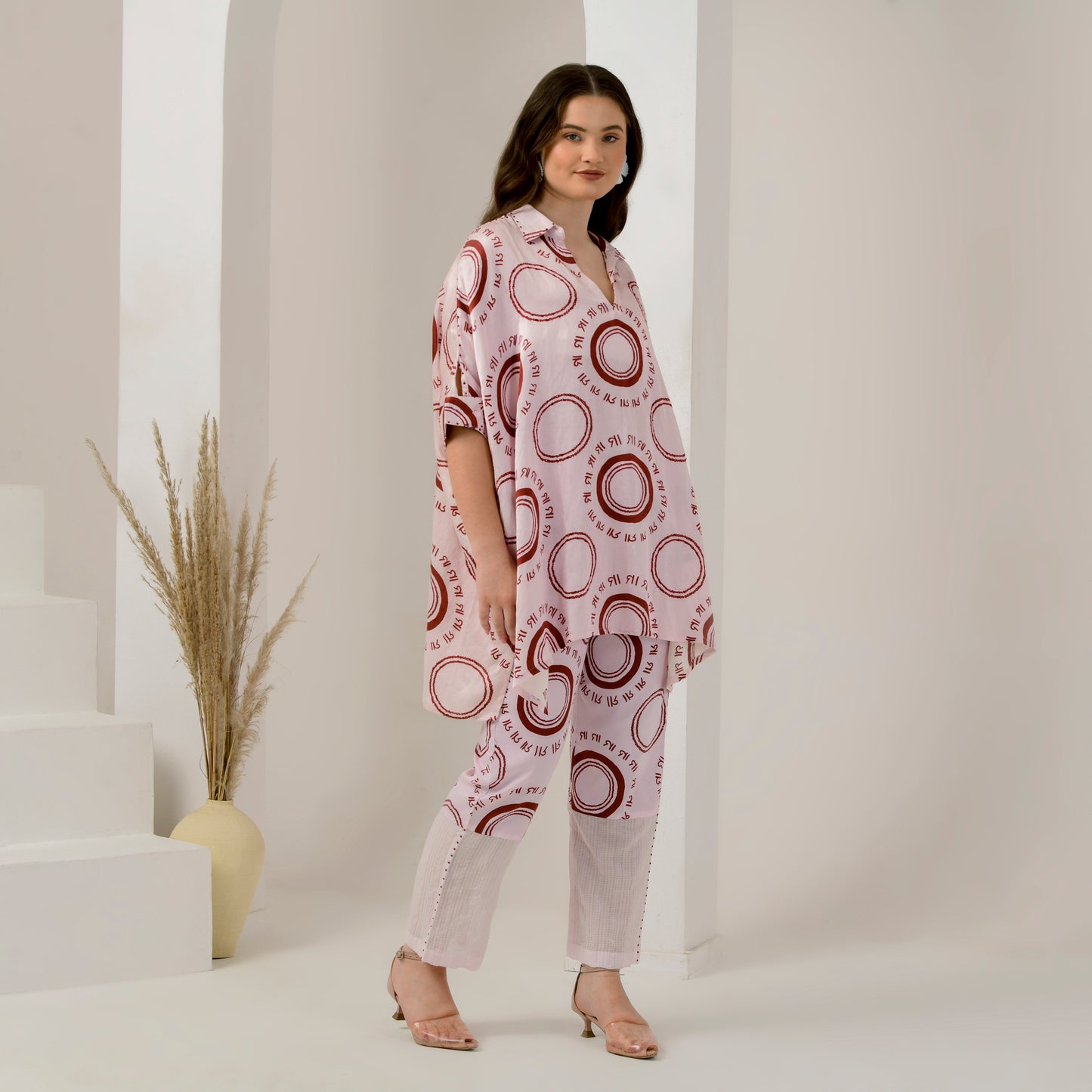 Pink and Red Maa Print Embellished Kaftan Top and Straight Trouser Set