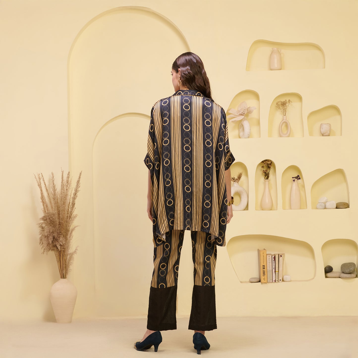 Black and Golden Powerful Stripe Print Embellished Kaftan Top and Straight Trouser Set