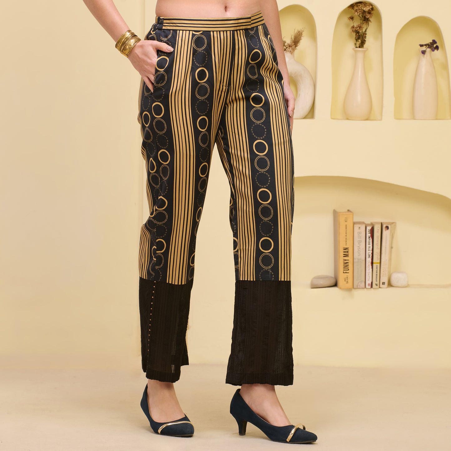 Black and Golden Powerful Stripe Print Embellished Kaftan Top and Straight Trouser Set