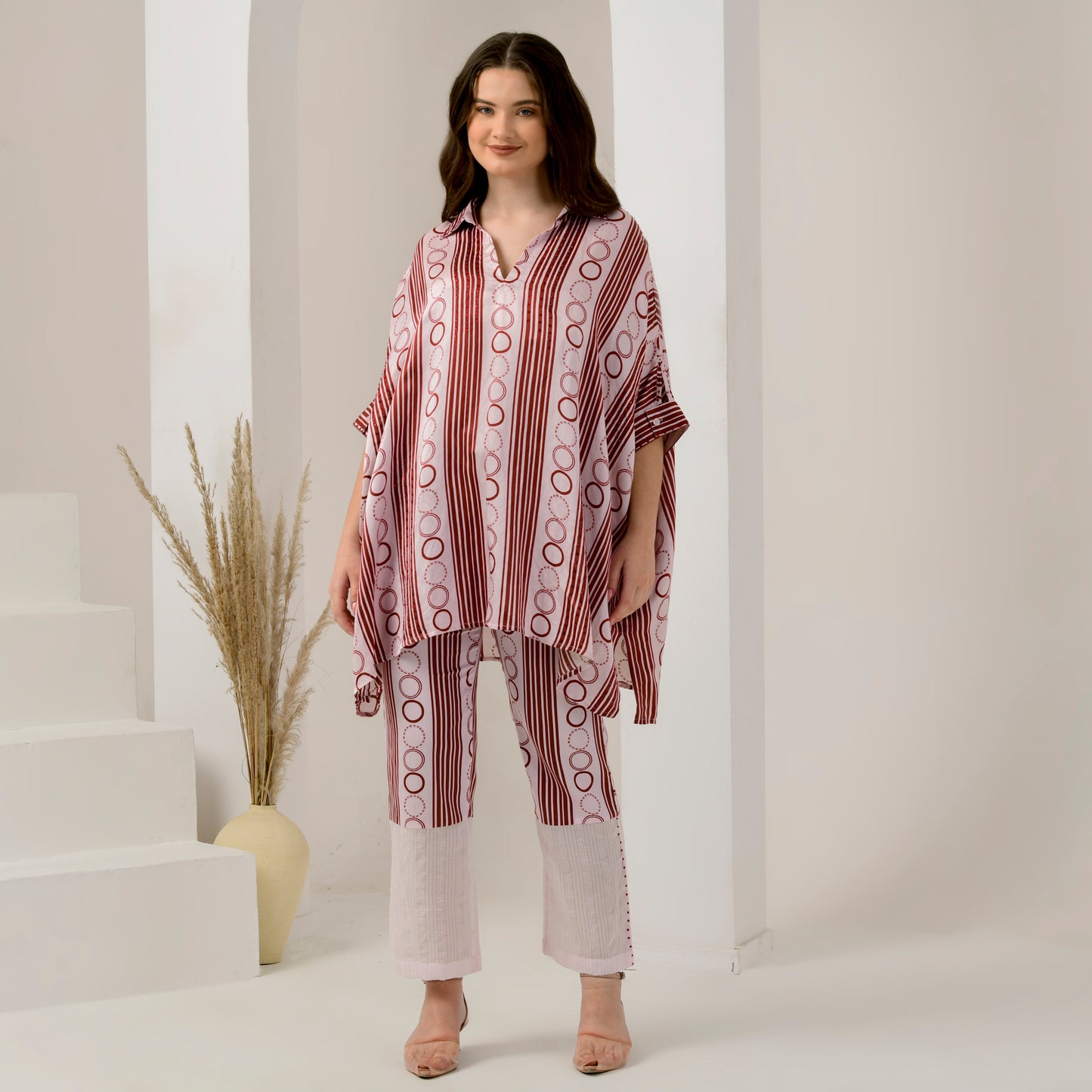 Pink and Red Powerful Stripe Print Embellished Kaftan Top and Straight Trouser Set