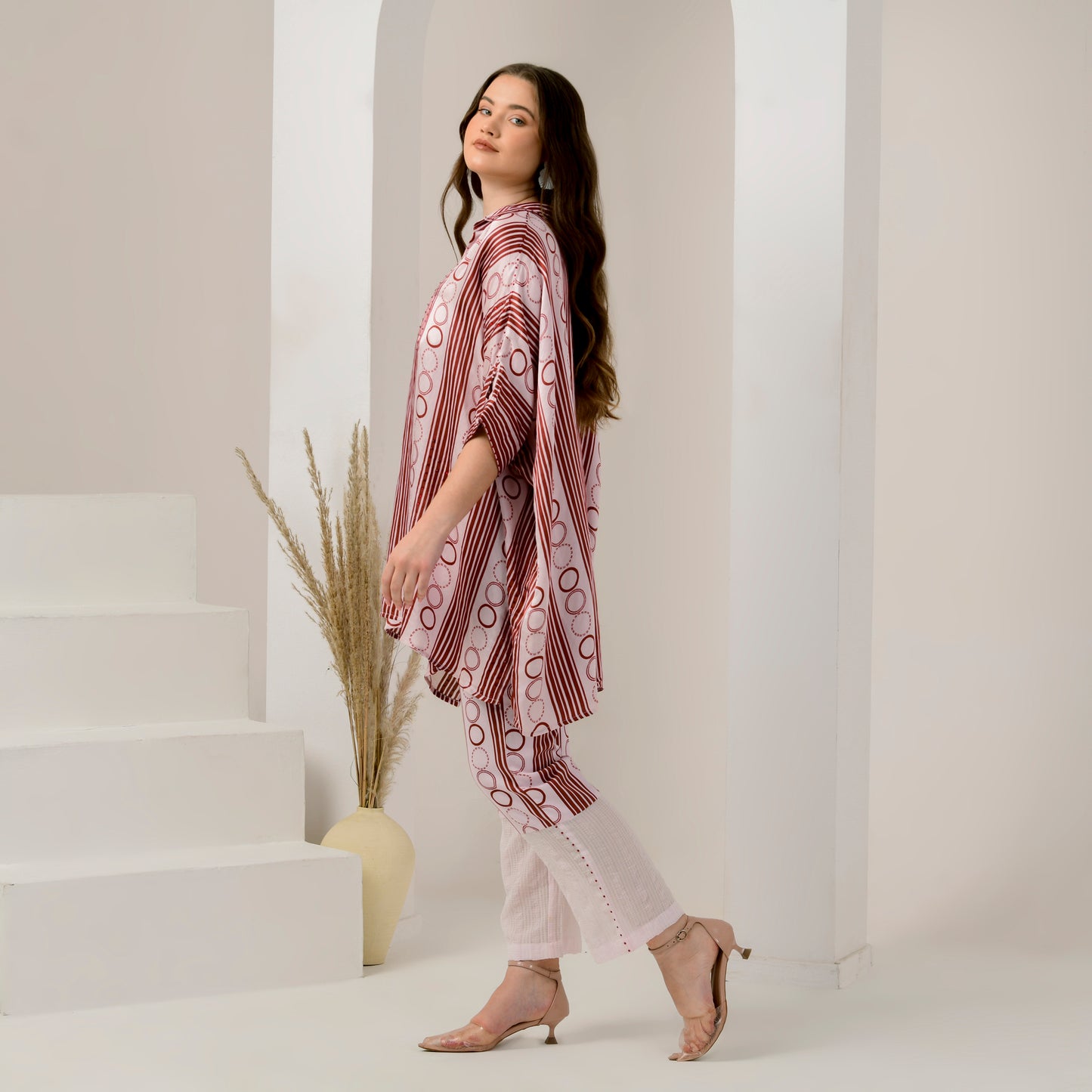 Pink and Red Powerful Stripe Print Embellished Kaftan Top and Straight Trouser Set