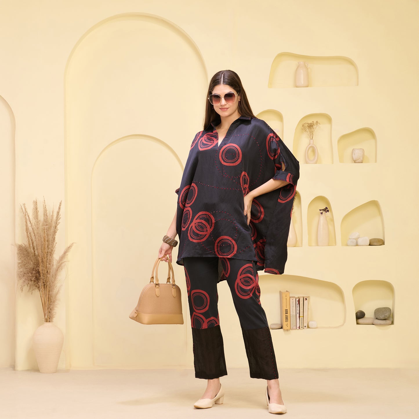 Black and Red Powerful Print Embellished Kaftan Top and Straight Trouser Set