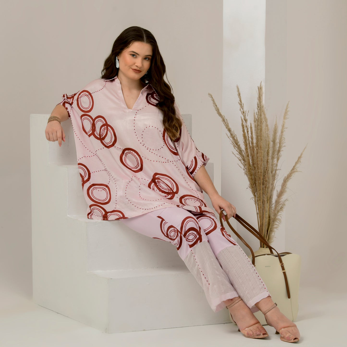 Pink and Red Powerful Print Embellished Kaftan Top and Straight Trouser Set