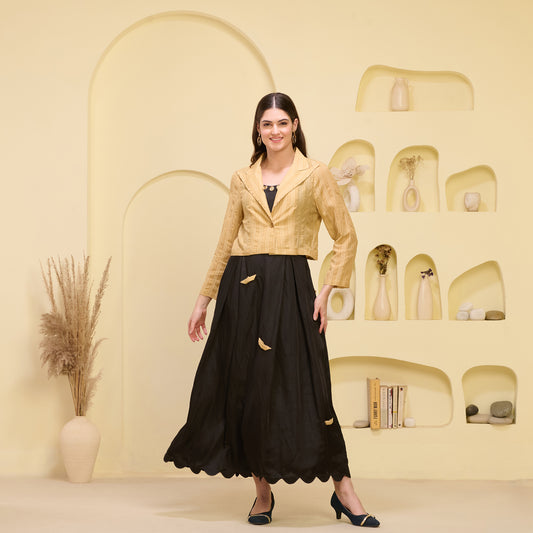 Black and Golden Boat Applique Ankle Length Dress and Embellished Short Blazer Set