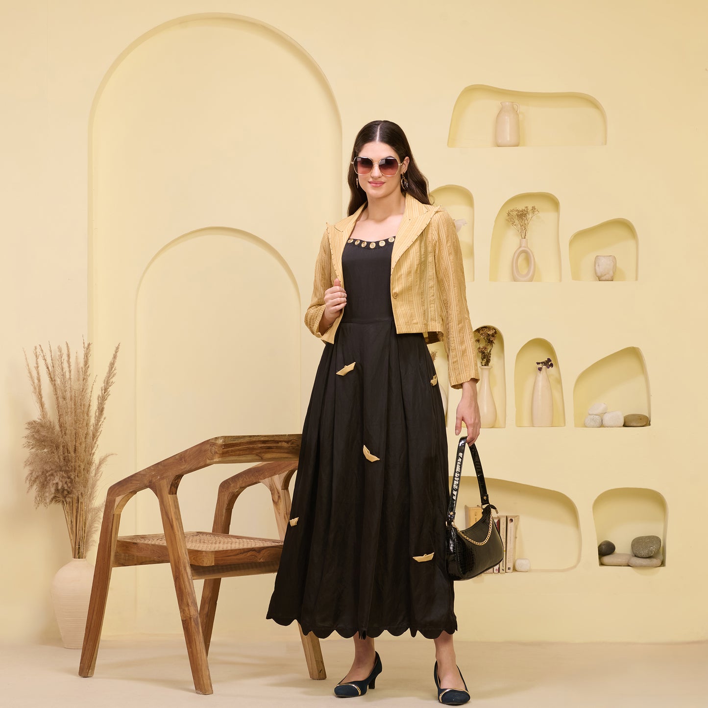 Black and Golden Boat Applique Ankle Length Dress and Embellished Short Blazer Set