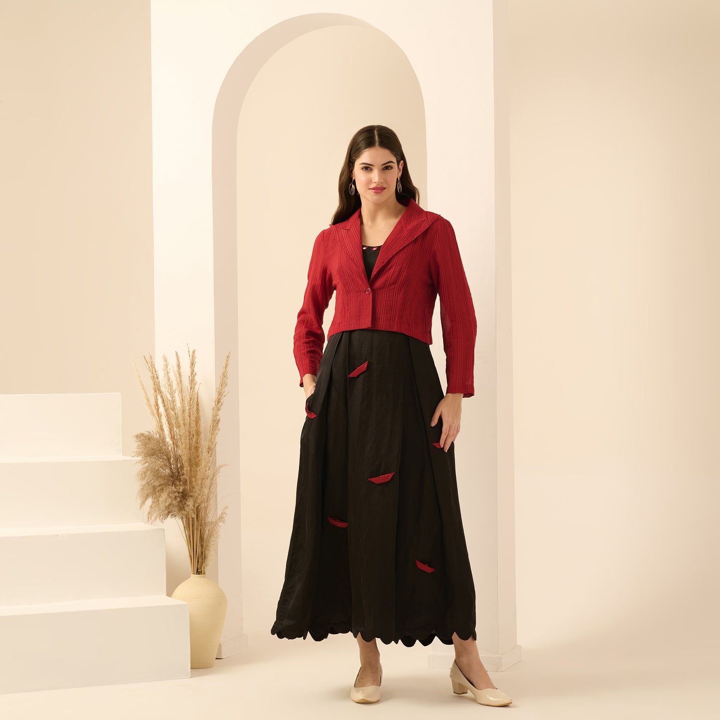 Black and Red Boat Applique Ankle Length Dress and Embellished Short Blazer Set