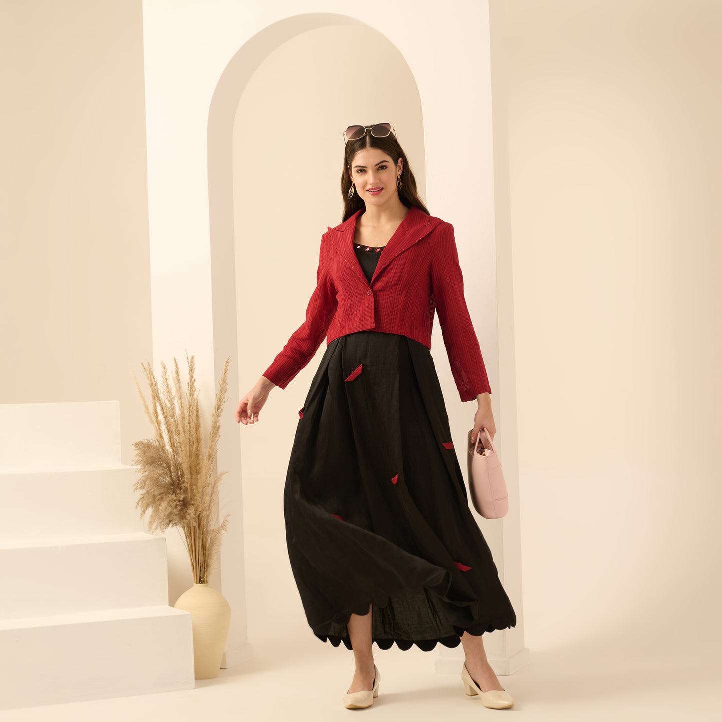 Black and Red Boat Applique Ankle Length Dress and Embellished Short Blazer Set