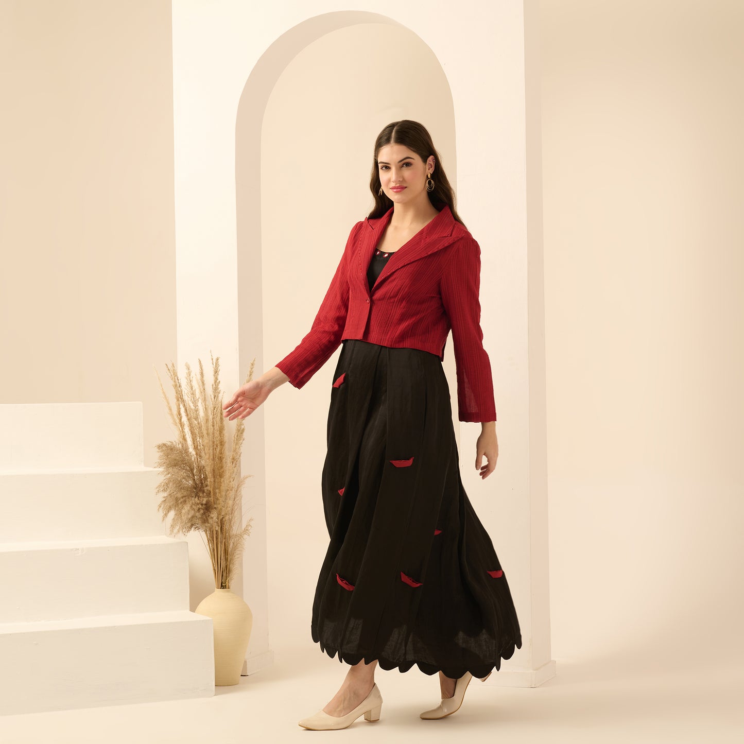 Black and Red Boat Applique Ankle Length Dress and Embellished Short Blazer Set