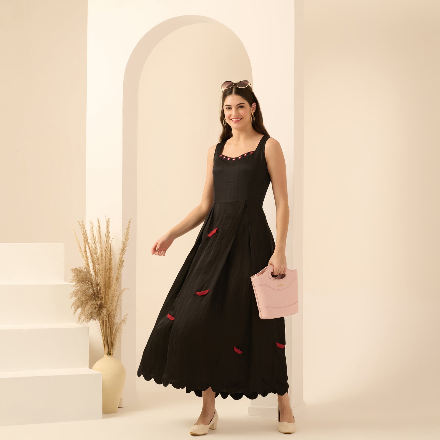 Black and Red Boat Applique Ankle Length Dress and Embellished Short Blazer Set