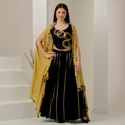 Black and Golden Hand Embroidered Shrug with Embellished Powerful Print Crop Top and Wide Leg Pleated Palazzo Set