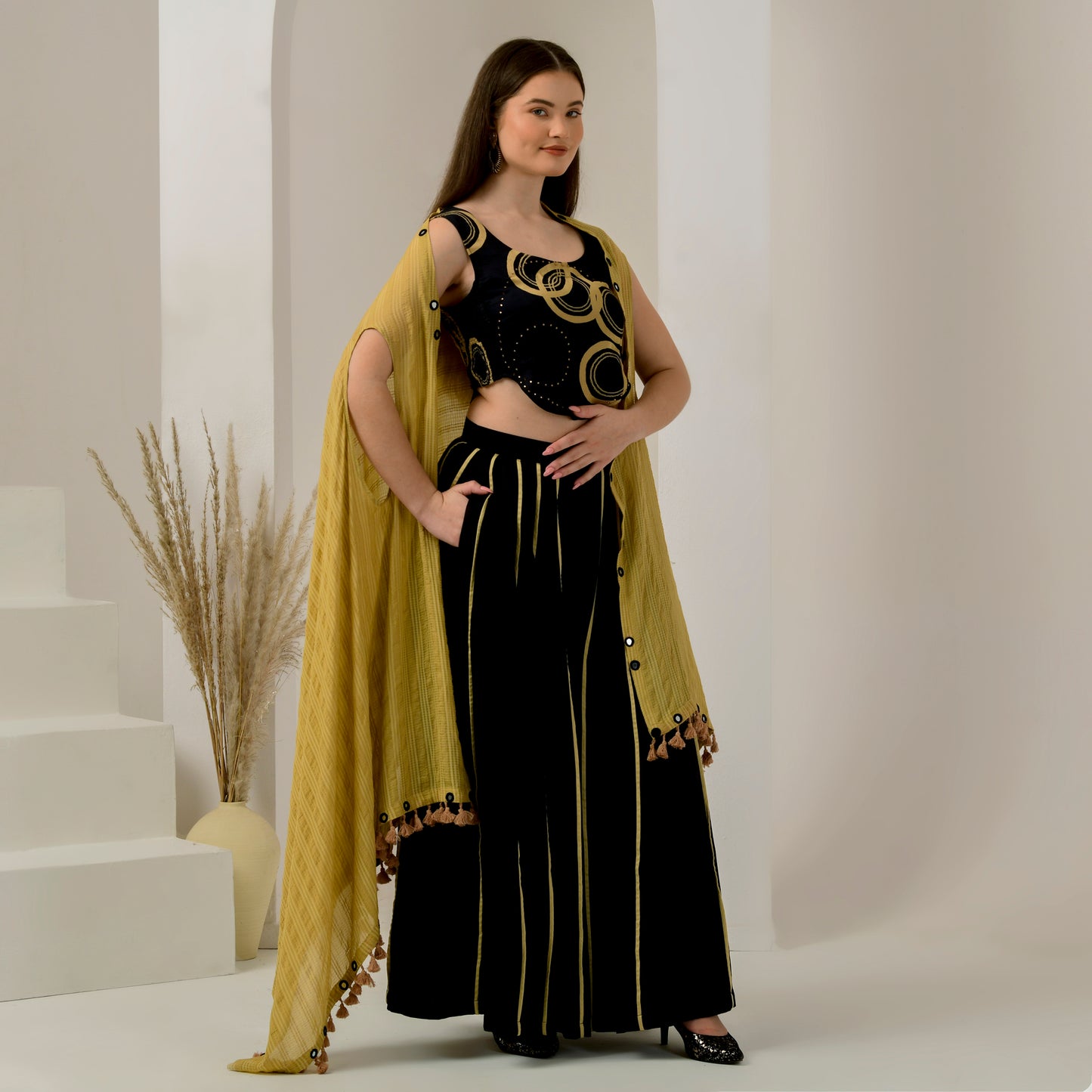 Black and Golden Hand Embroidered Shrug with Embellished Powerful Print Crop Top and Wide Leg Pleated Palazzo Set