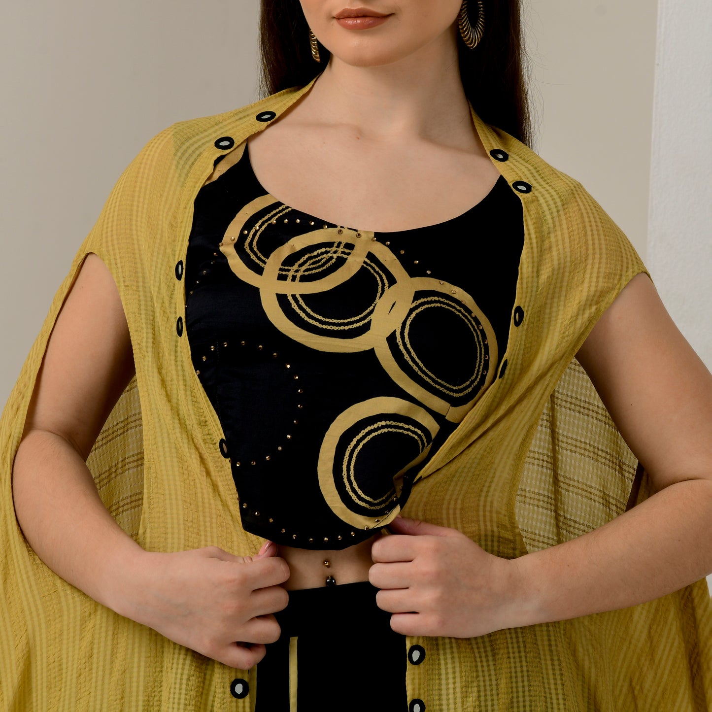 Black and Golden Hand Embroidered Shrug with Embellished Powerful Print Crop Top and Wide Leg Pleated Palazzo Set