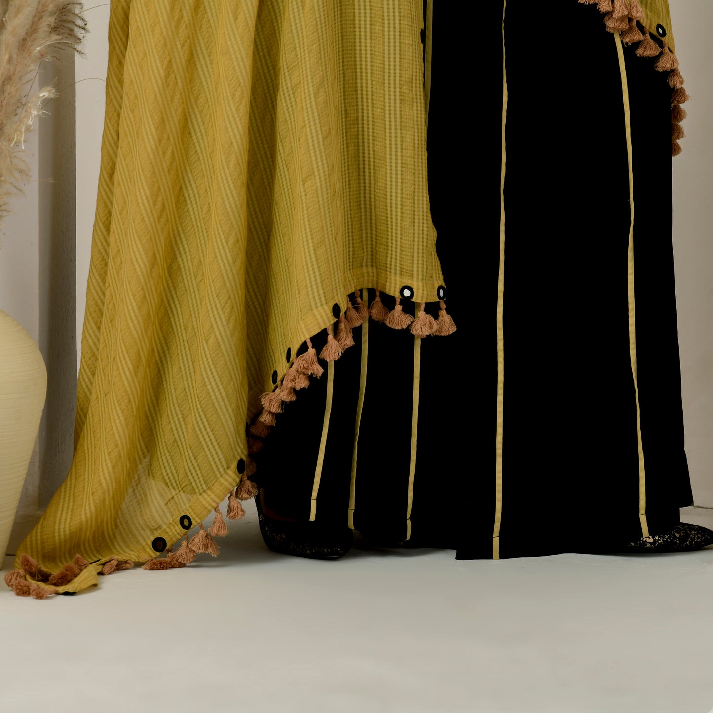 Black and Golden Hand Embroidered Shrug with Embellished Powerful Print Crop Top and Wide Leg Pleated Palazzo Set