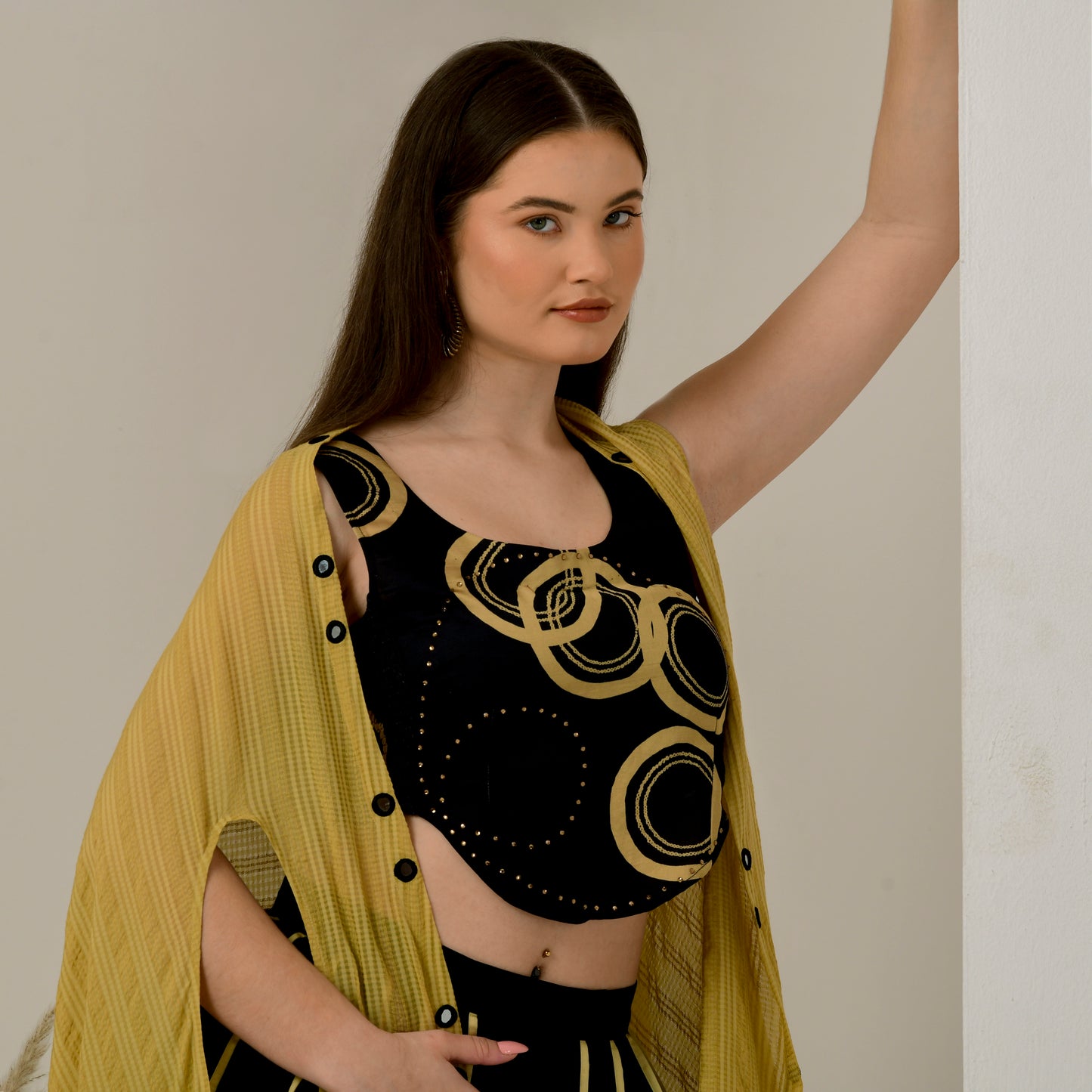 Black and Golden Hand Embroidered Shrug with Embellished Powerful Print Crop Top and Wide Leg Pleated Palazzo Set