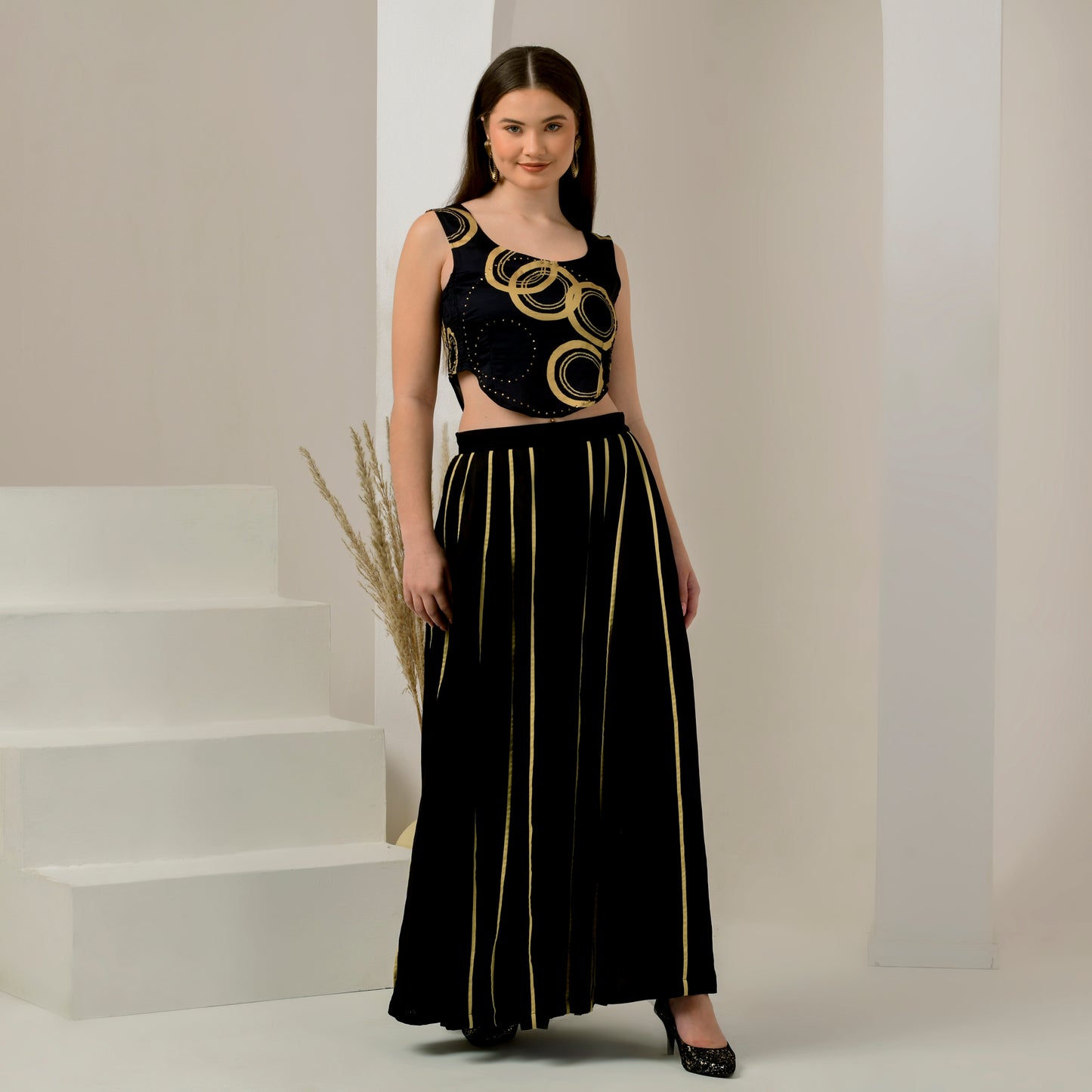 Black and Golden Embellished Powerful Print Crop Top and Wide Leg Pleated Palazzo Set