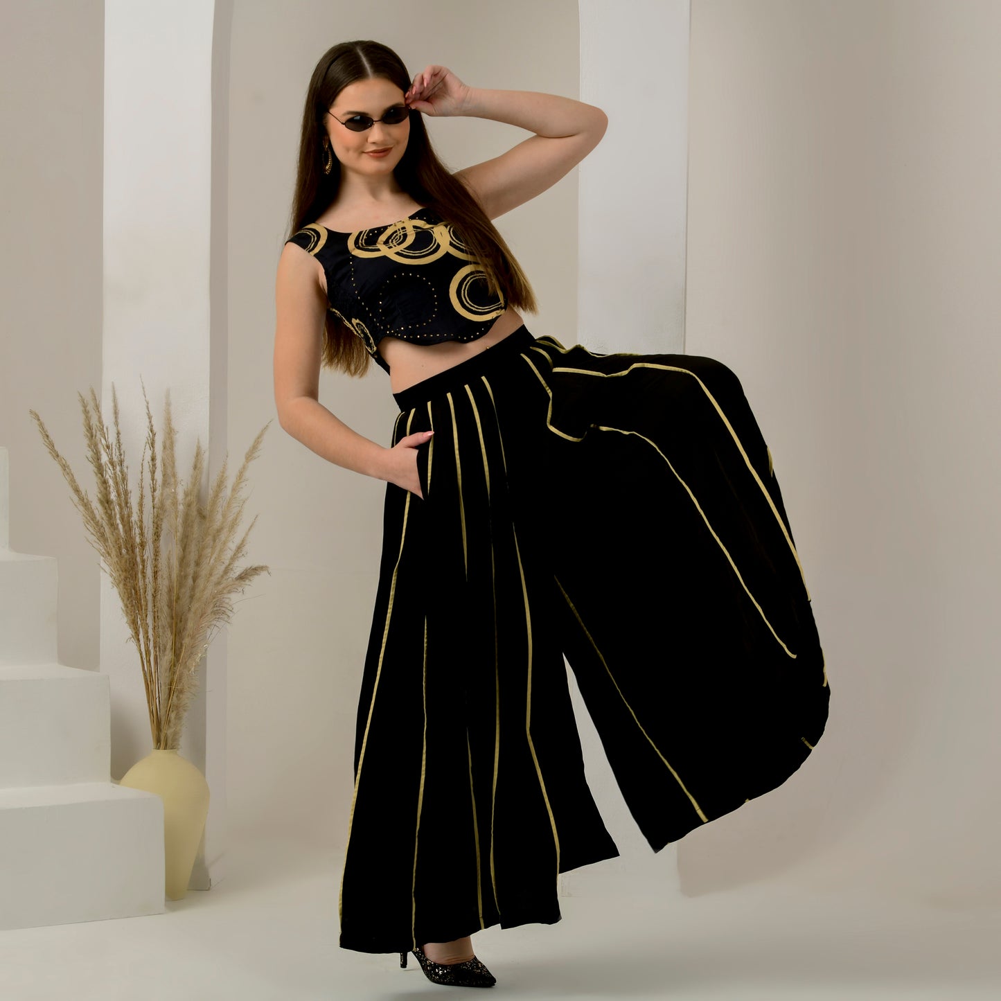 Black and Golden Embellished Powerful Print Crop Top and Wide Leg Pleated Palazzo Set