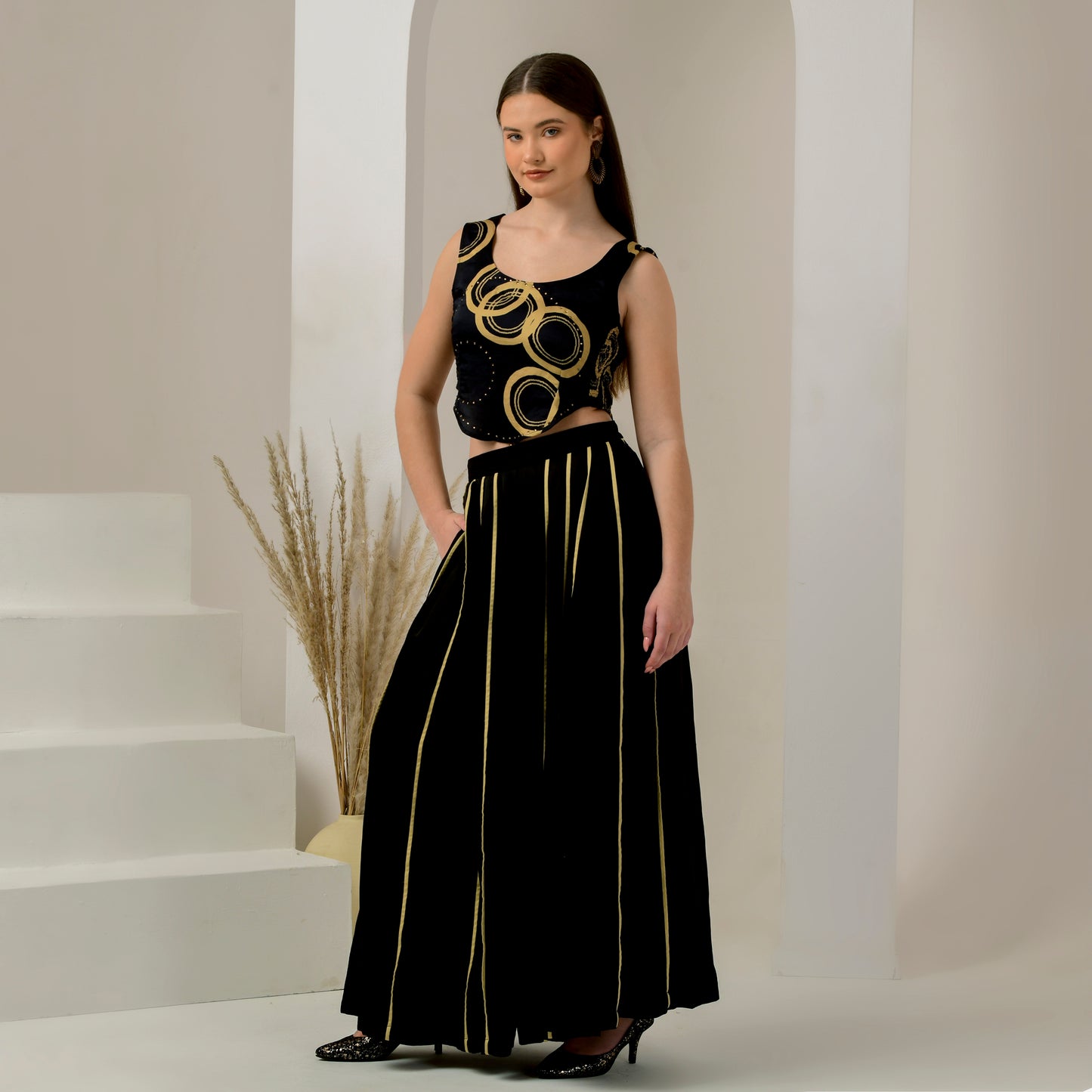 Black and Golden Embellished Powerful Print Crop Top and Wide Leg Pleated Palazzo Set