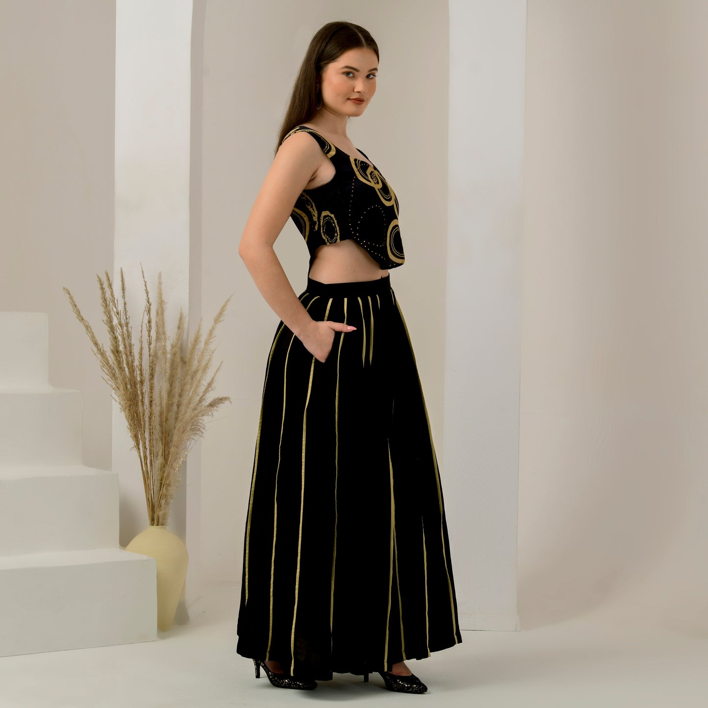 Black and Golden Embellished Powerful Print Crop Top and Wide Leg Pleated Palazzo Set