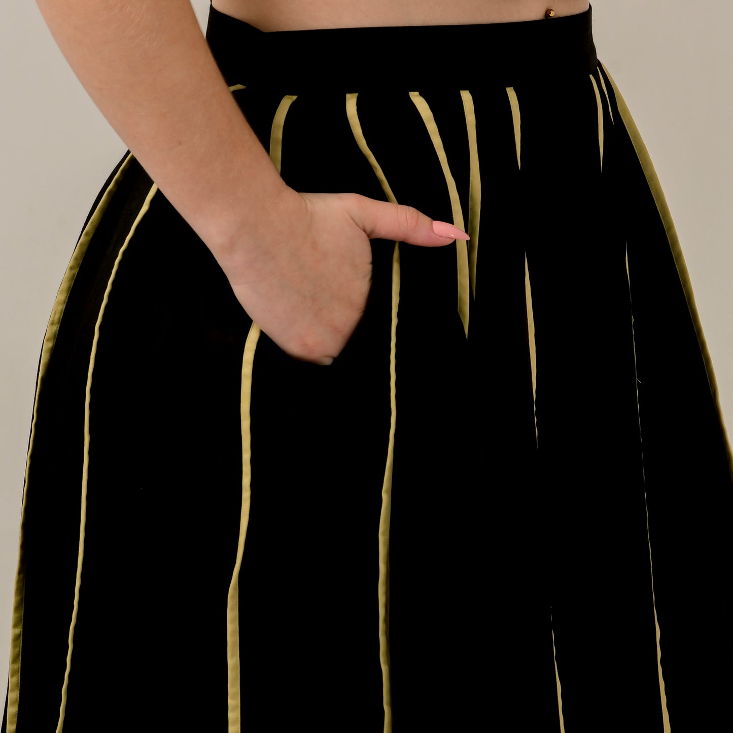 Black and Golden Embellished Powerful Print Crop Top and Wide Leg Pleated Palazzo Set