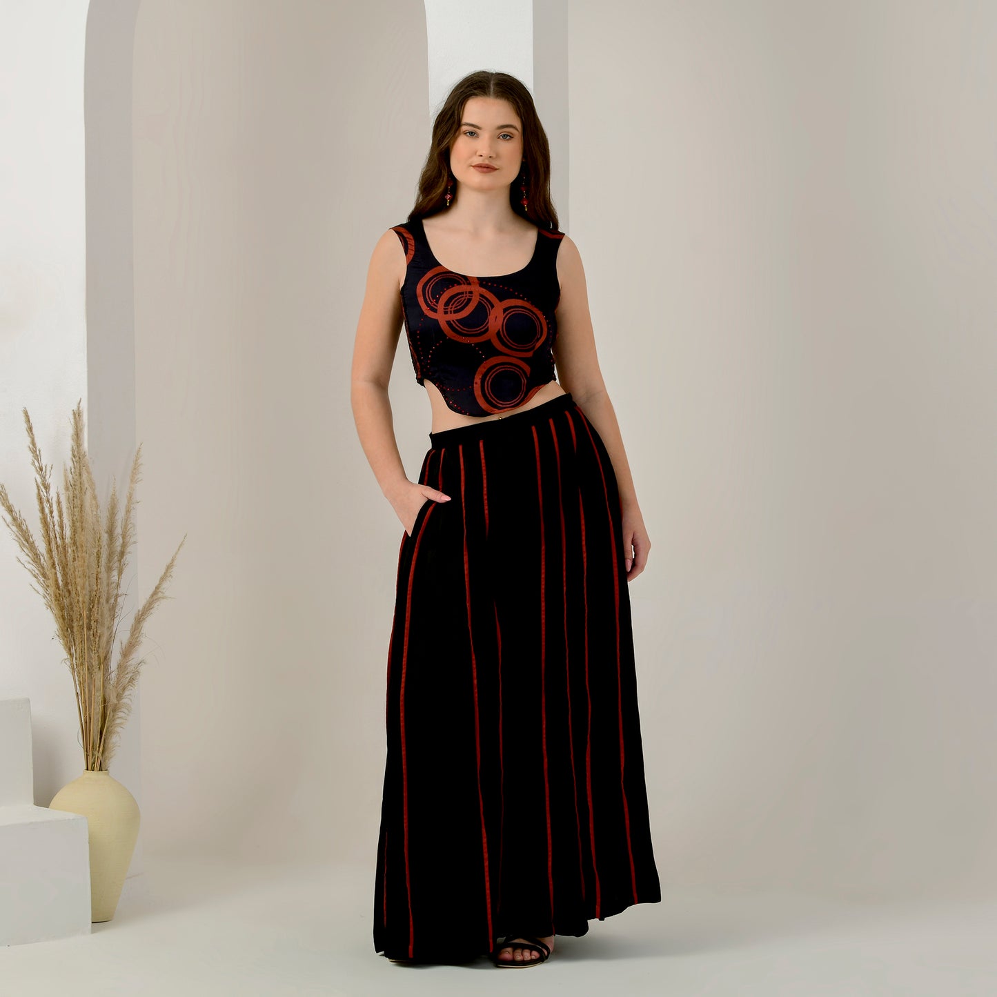 Black and Red Embellished Powerful Print Crop Top and Wide Leg Pleated Palazzo Set