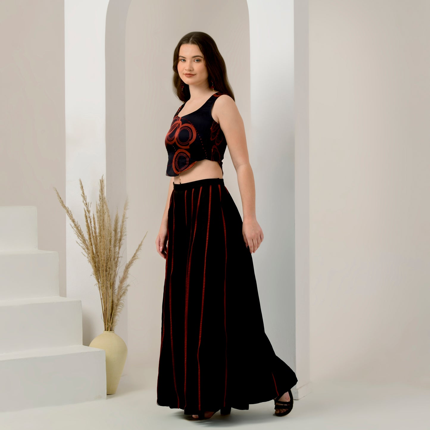 Black and Red Embellished Powerful Print Crop Top and Wide Leg Pleated Palazzo Set