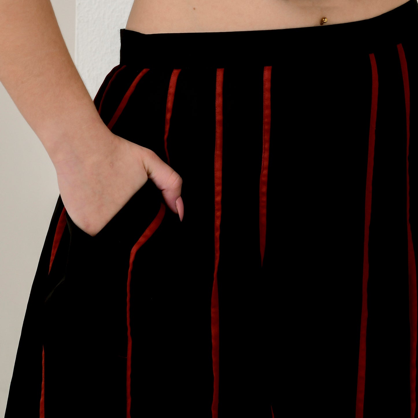 Black and Red Embellished Powerful Print Crop Top and Wide Leg Pleated Palazzo Set