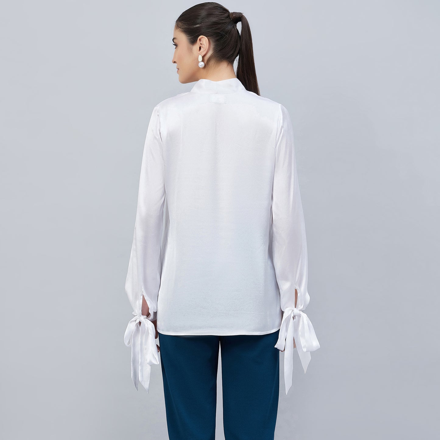 White Neck-Tie Embellished Satin Shirt