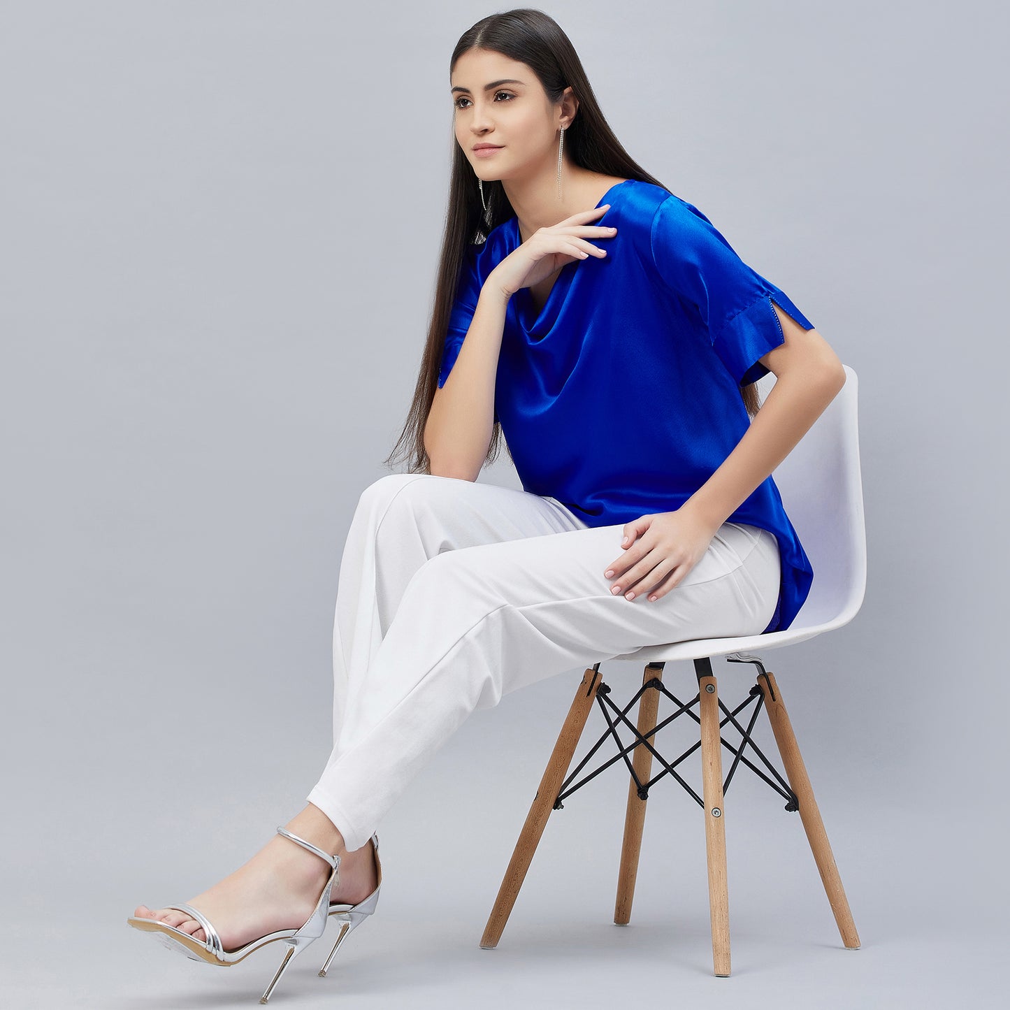 Cobalt Blue Cowl Neck Embellished Satin Shirt