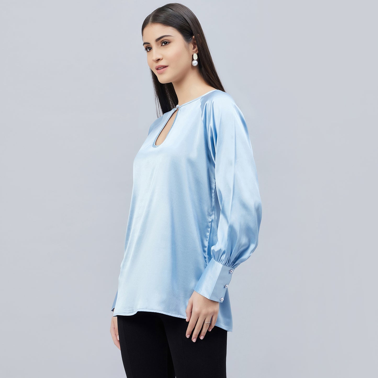 Sky Blue Keyhole Embellished Satin Shirt