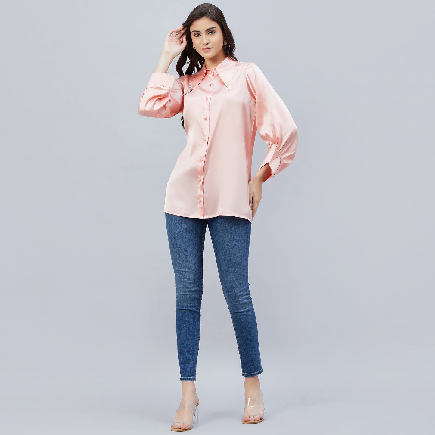 Pink Long Collar Embellished Satin Shirt