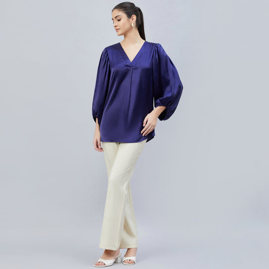 Navy Blue V-Neck Embellished Satin Shirt