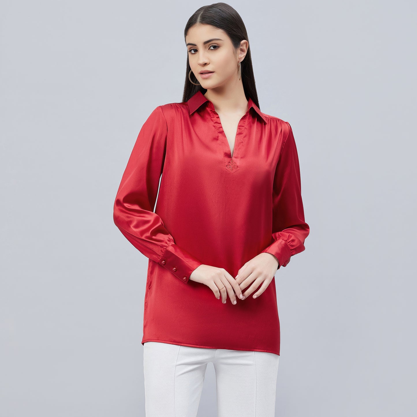 Red V-Neck Gathered Embellished Satin Shirt