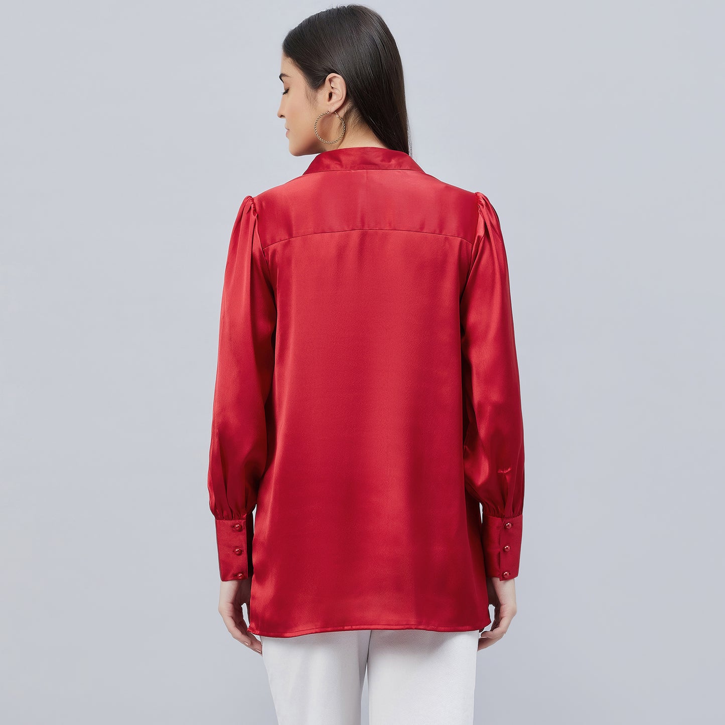 Red V-Neck Gathered Embellished Satin Shirt