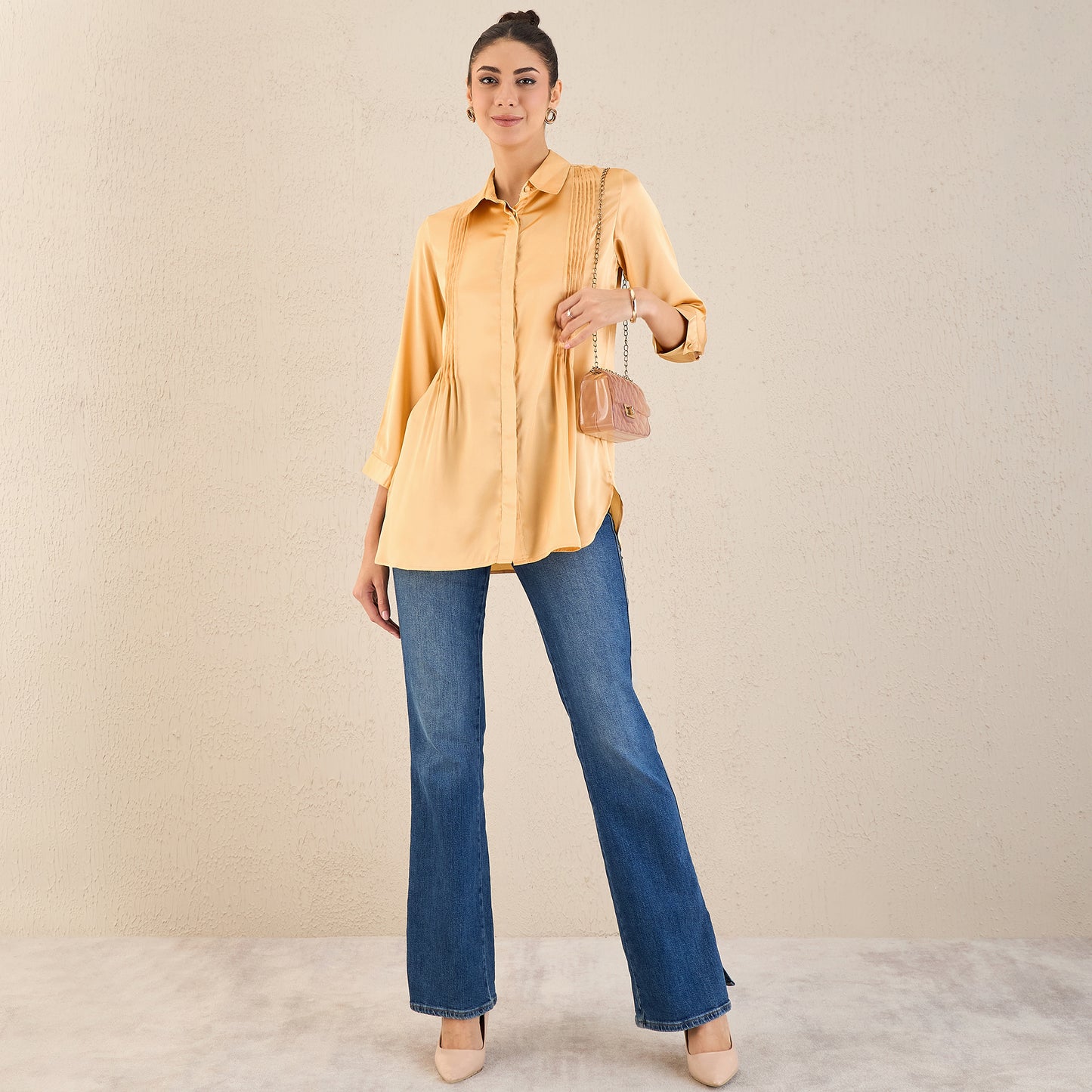 Golden Yellow Pintucked Satin Shirt