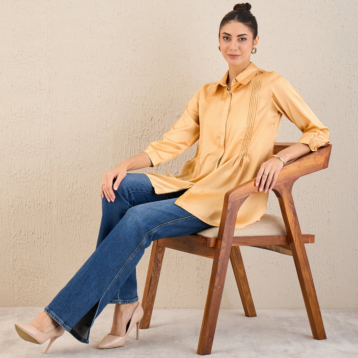 Golden Yellow Pintucked Satin Shirt