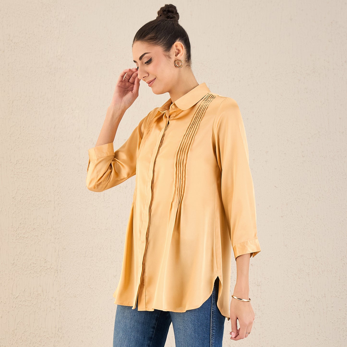 Golden Yellow Pintucked Satin Shirt