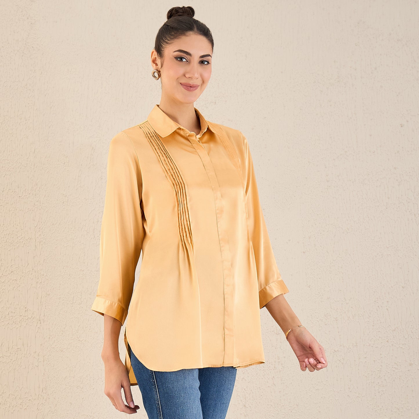 Golden Yellow Pintucked Satin Shirt