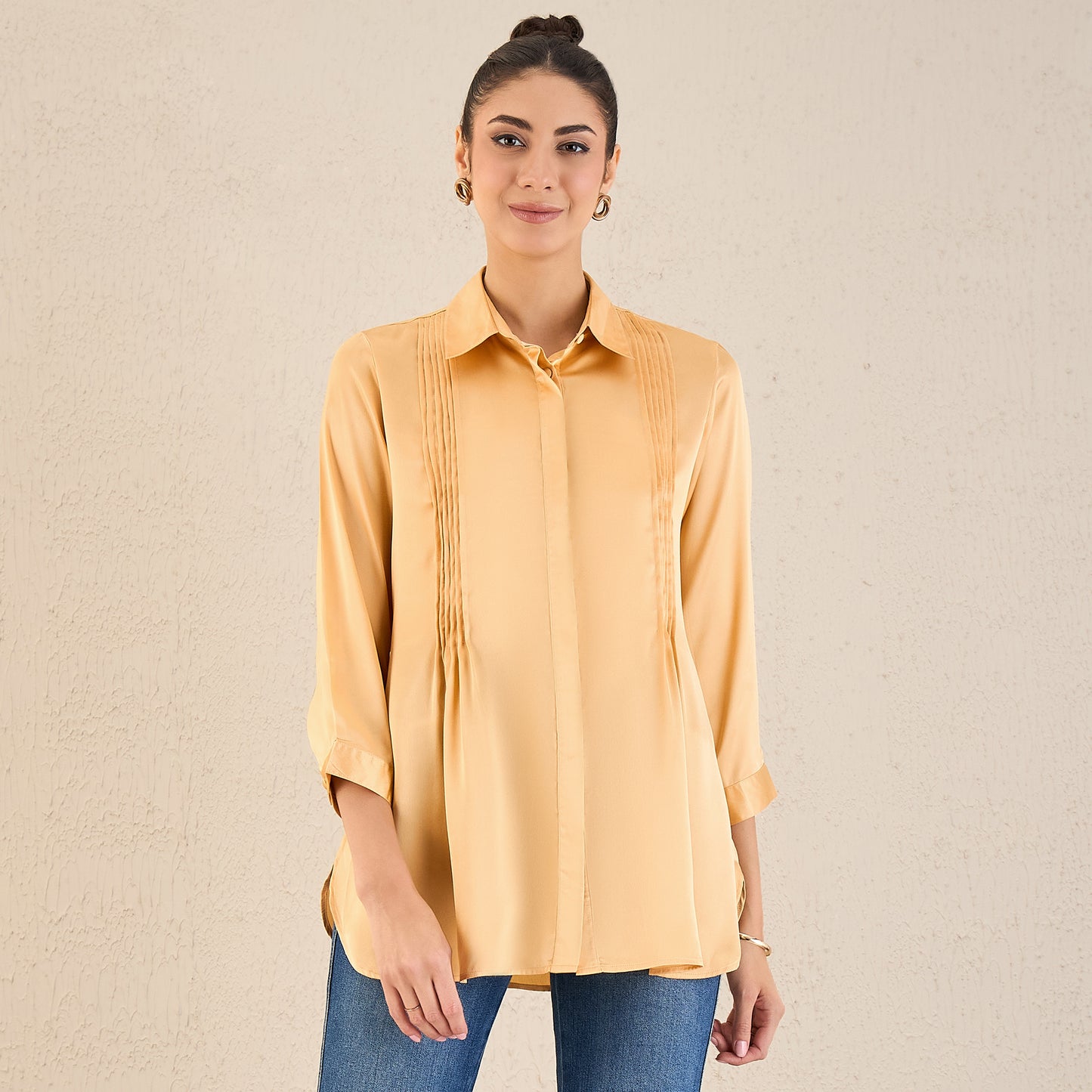 Golden Yellow Pintucked Satin Shirt