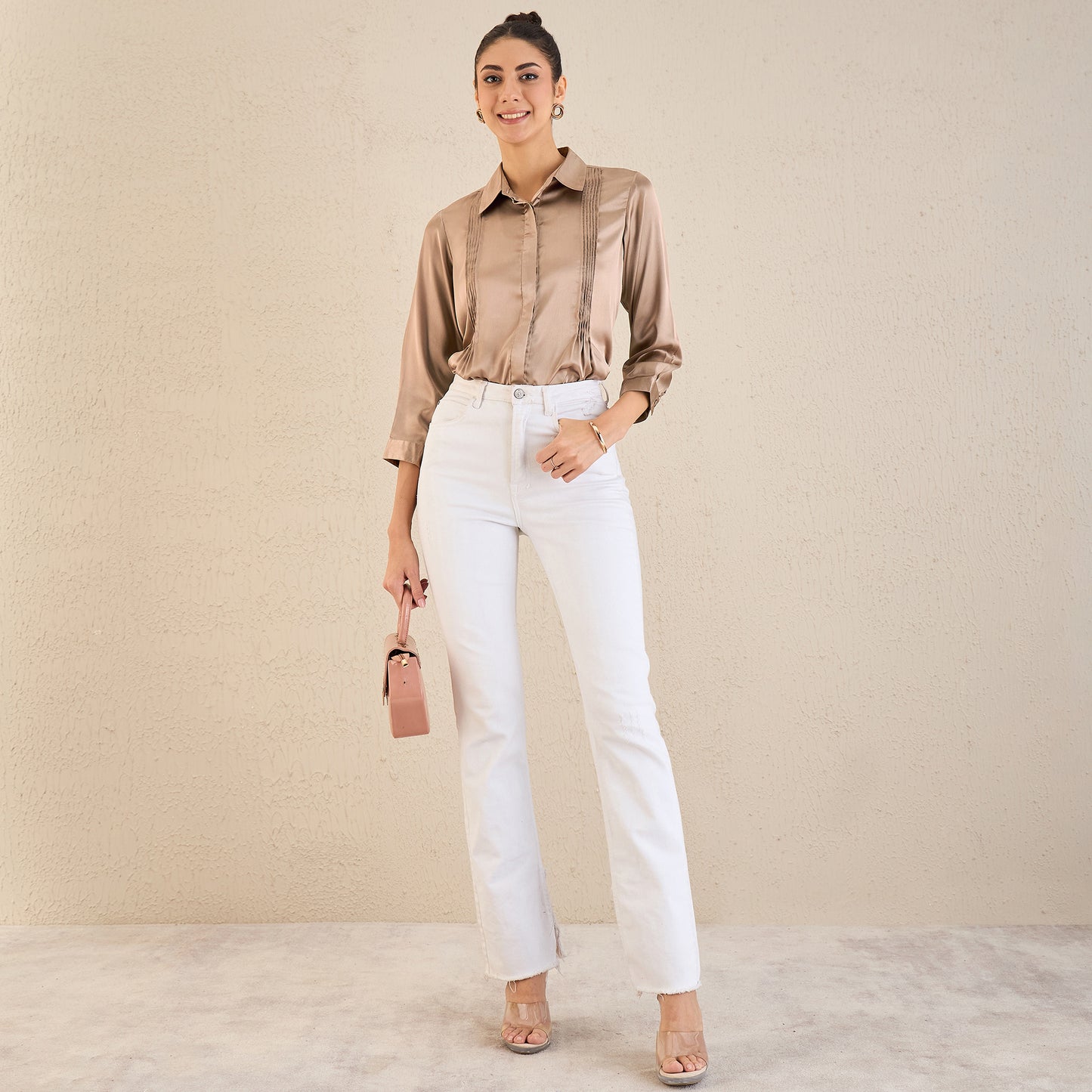 Hazel Brown Pintucked Satin Shirt