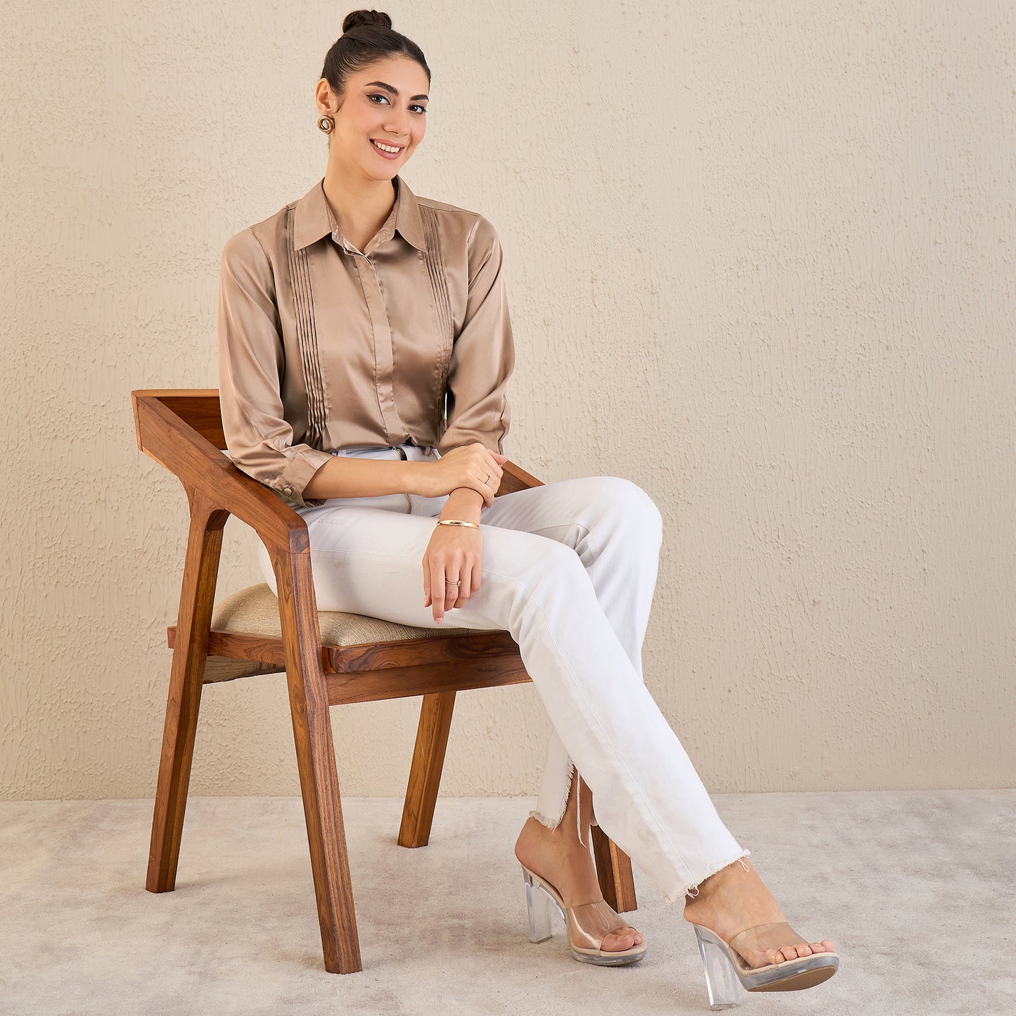 Hazel Brown Pintucked Satin Shirt