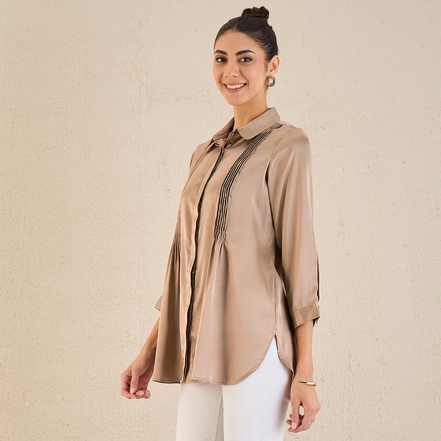 Hazel Brown Pintucked Satin Shirt