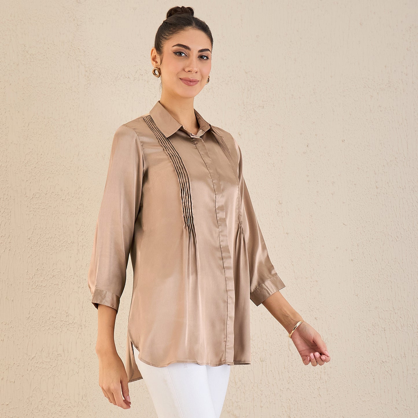 Hazel Brown Pintucked Satin Shirt