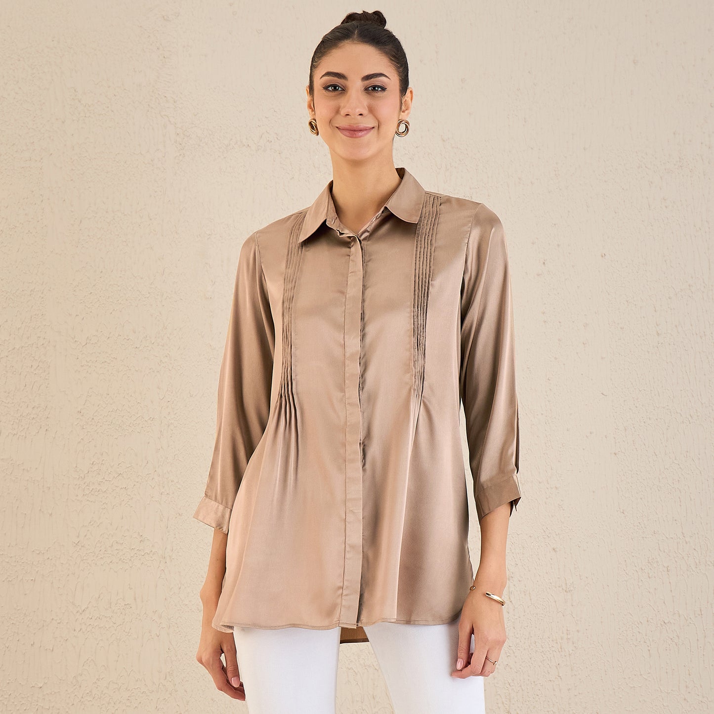 Hazel Brown Pintucked Satin Shirt