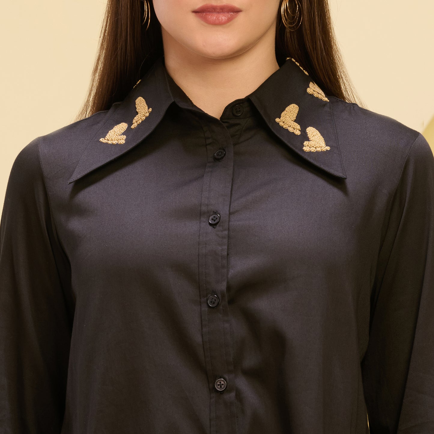 Black and Golden Hand Embroidered Pleated Shirt